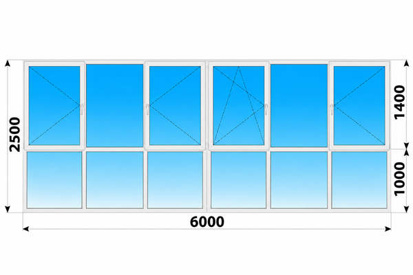 Теплое пластиковое панорамное остекление 6000x2400