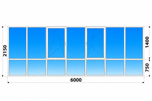Теплое пластиковое панорамное остекление 6000x2150