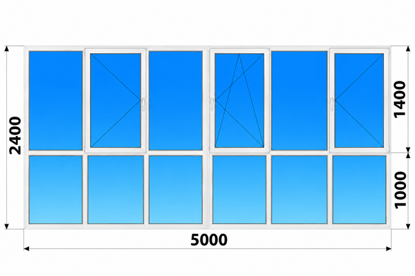 Теплое пластиковое французское остекление 5000x2400 